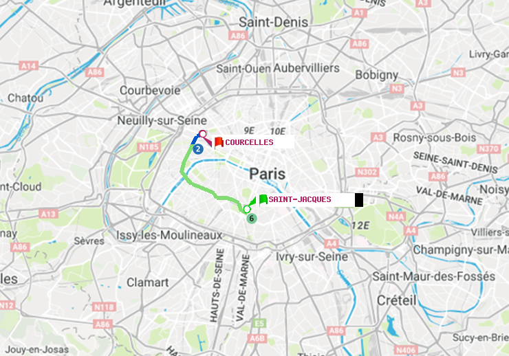 plan itinéraire ratp de Saint-Jacques à Courcelles