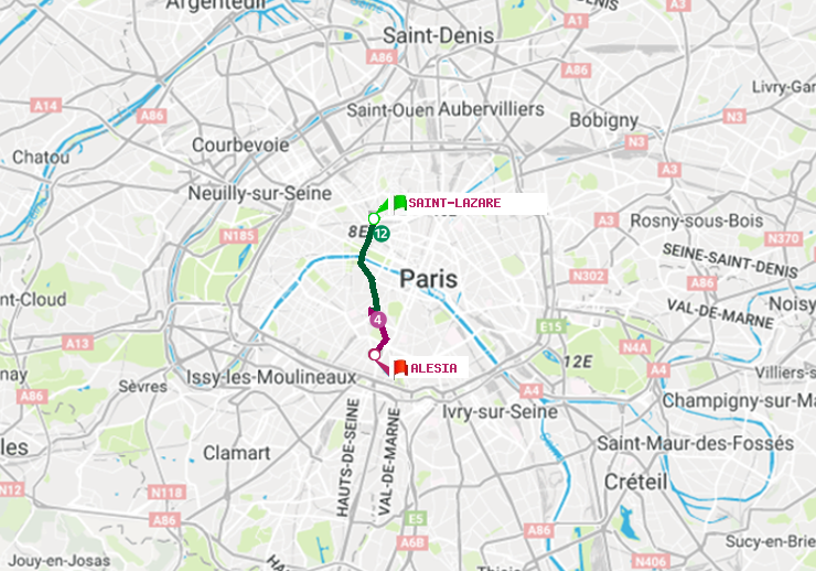 plan itinéraire ratp de Saint-Lazare à Alésia