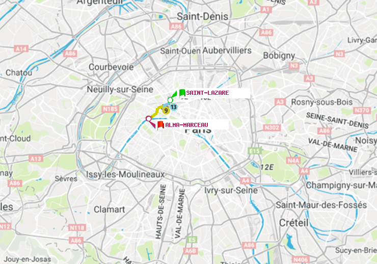 plan itinéraire ratp de Saint-Lazare à Alma-Marceau