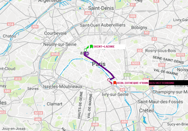 plan itinéraire ratp de Saint-Lazare à Bibliotheque-Francois Mitterrand
