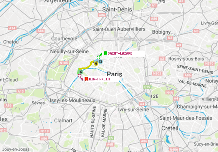 plan itinéraire ratp de Saint-Lazare à Bir-Hakeim (Grenelle)