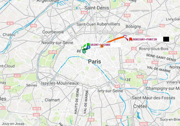 plan itinéraire ratp de Saint-Lazare à Bobigny-Pantin (Raymond Queneau)