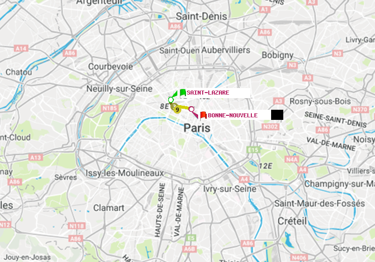 plan itinéraire ratp de Saint-Lazare à Bonne Nouvelle