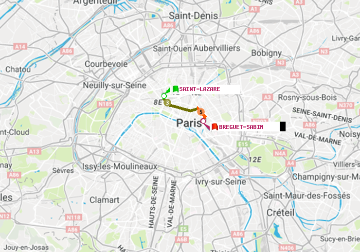 plan itinéraire ratp de Saint-Lazare à Bréguet-Sabin
