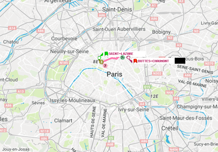 plan itinéraire ratp de Saint-Lazare à Buttes-Chaumont