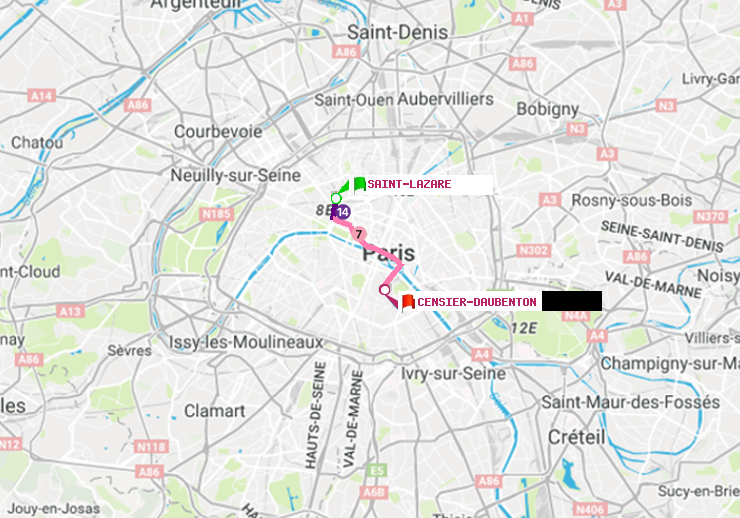 plan itinéraire ratp de Saint-Lazare à Censier-Daubenton