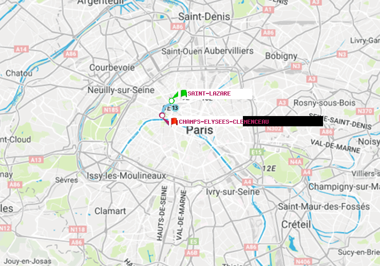 plan itinéraire ratp de Saint-Lazare à Champs-Elysées-Clémenceau