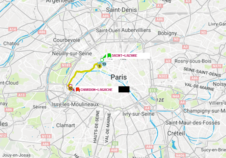 plan itinéraire ratp de Saint-Lazare à Chardon-Lagache
