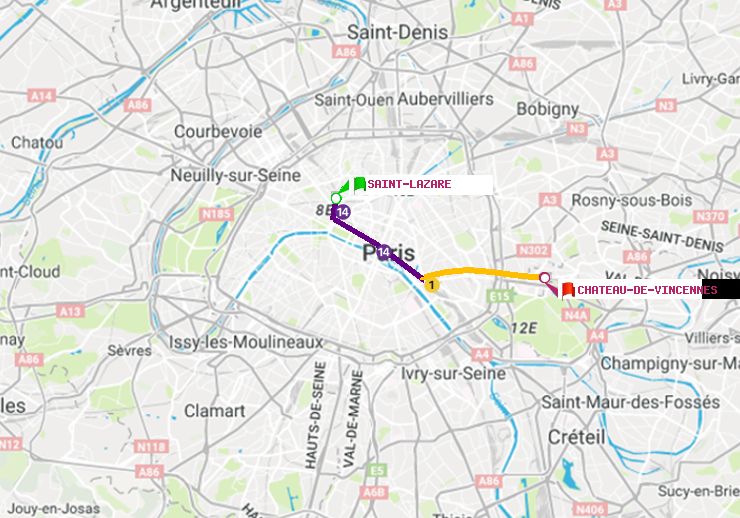 plan itinéraire ratp de Saint-Lazare à Château de Vincennes