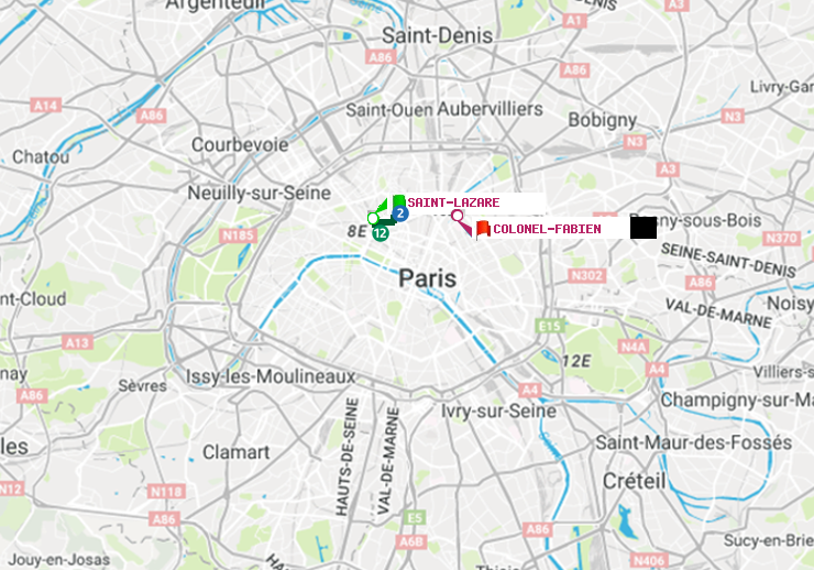plan itinéraire ratp de Saint-Lazare à Colonel Fabien