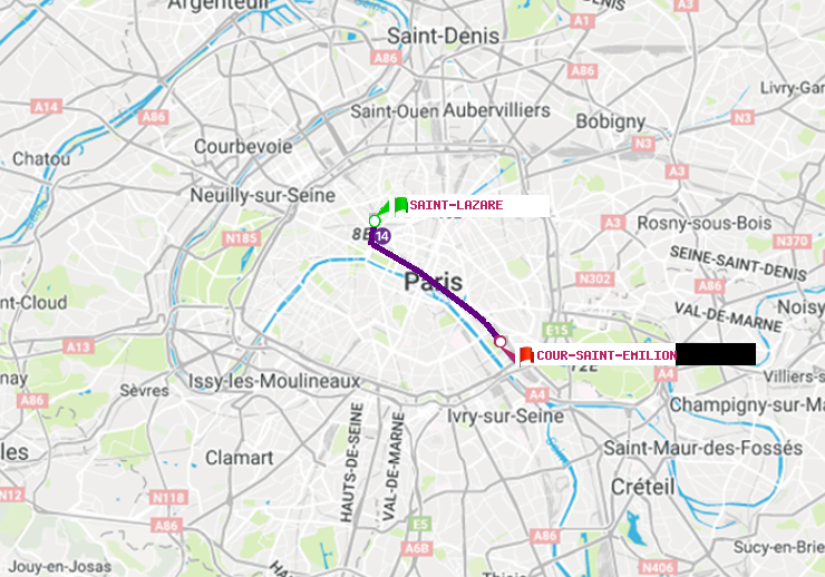 plan itinéraire ratp de Saint-Lazare à Cour Saint-Emilion