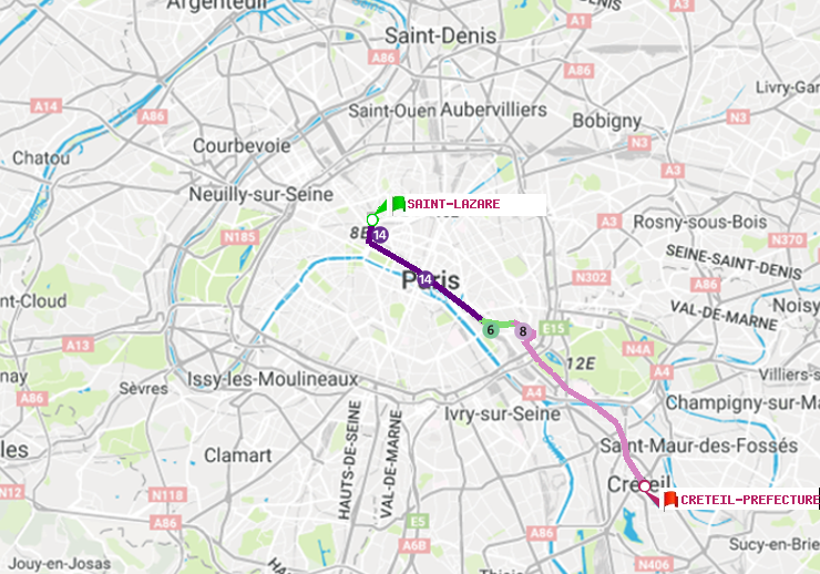 plan itinéraire ratp de Saint-Lazare à Créteil-Préfecture (Hôtel de Ville)