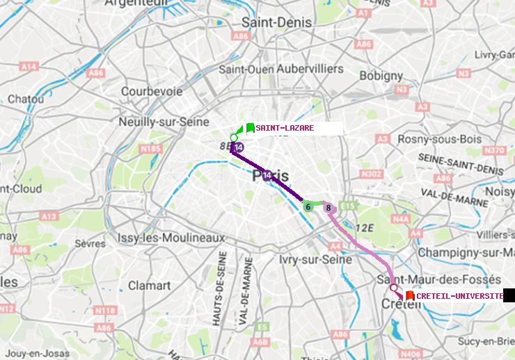 plan itinéraire ratp de Saint-Lazare à Créteil-Université