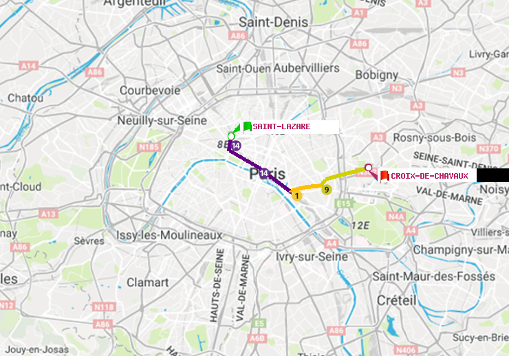 plan itinéraire ratp de Saint-Lazare à Croix-de-Chavaux (Jacques Duclos)