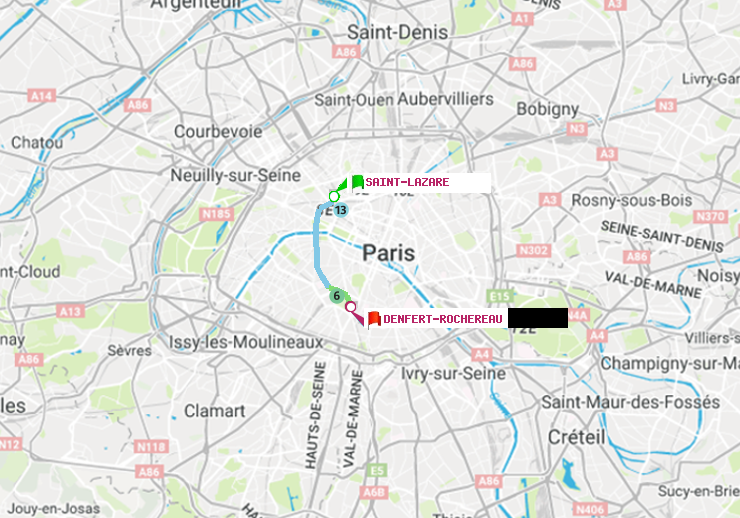 plan itinéraire ratp de Saint-Lazare à Denfert-Rochereau