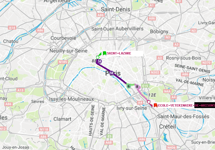 plan itinéraire ratp de Saint-Lazare à Ecole Vétérinaire de Maisons-Alfort