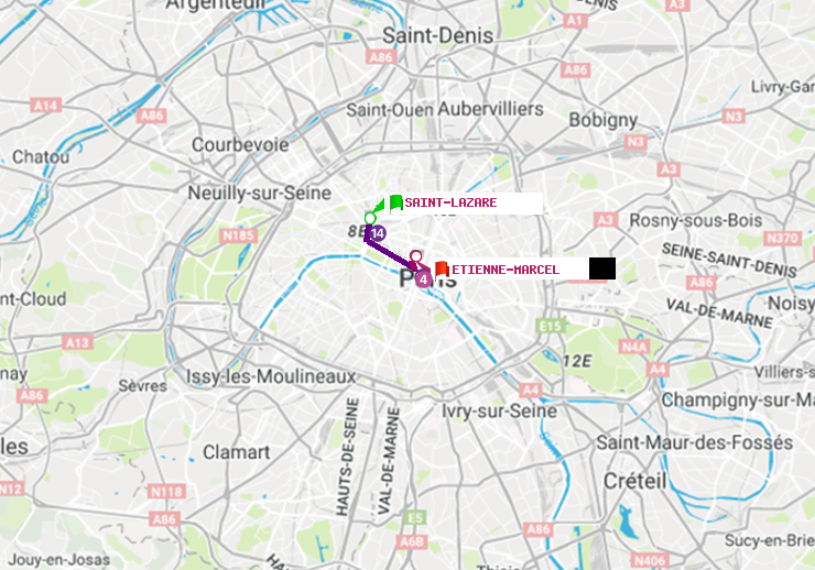 plan itinéraire ratp de Saint-Lazare à Etienne Marcel