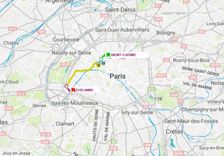 plan itinéraire ratp de Saint-Lazare à Exelmans