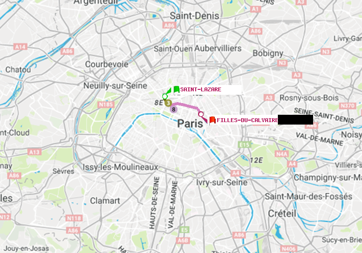 plan itinéraire ratp de Saint-Lazare à Filles du Calvaire