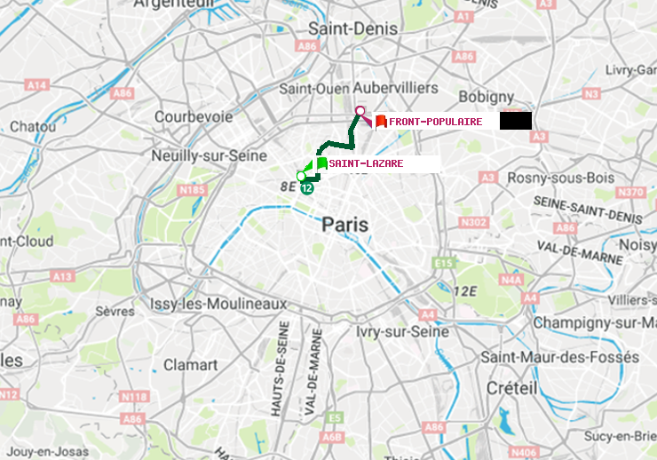 plan itinéraire ratp de Saint-Lazare à Front Populaire