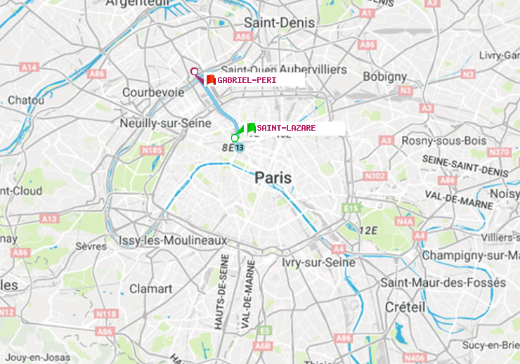 plan itinéraire ratp de Saint-Lazare à Gabriel-Péri