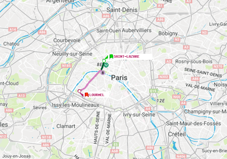 plan itinéraire ratp de Saint-Lazare à Lourmel