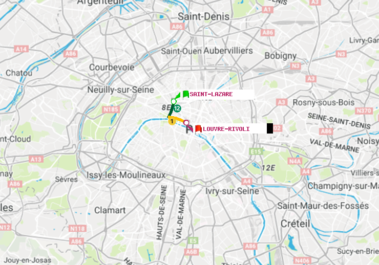 plan itinéraire ratp de Saint-Lazare à Louvre-Rivoli