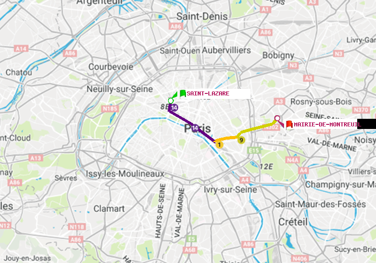 plan itinéraire ratp de Saint-Lazare à Mairie de Montreuil