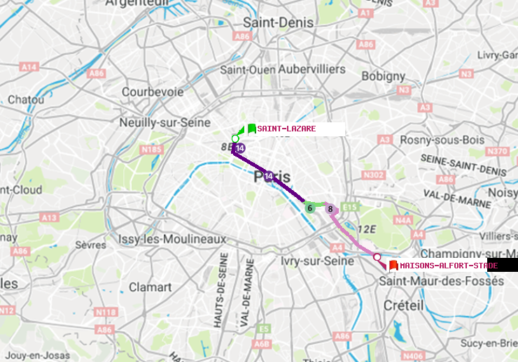 plan itinéraire ratp de Saint-Lazare à Maisons-Alfort-Stade