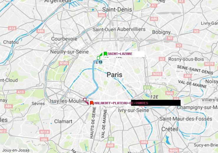 plan itinéraire ratp de Saint-Lazare à Malakoff-Plateau de Vanves