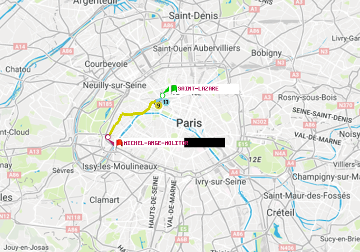 plan itinéraire ratp de Saint-Lazare à Michel-Ange-Molitor