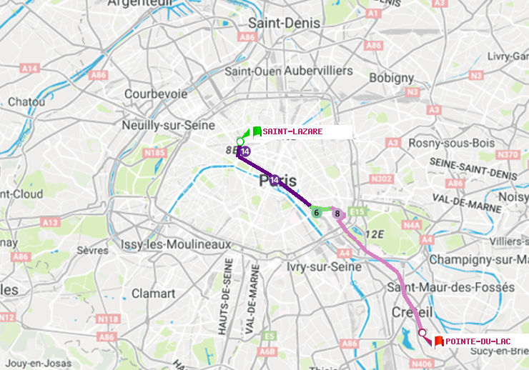 plan itinéraire ratp de Saint-Lazare à Pointe du Lac