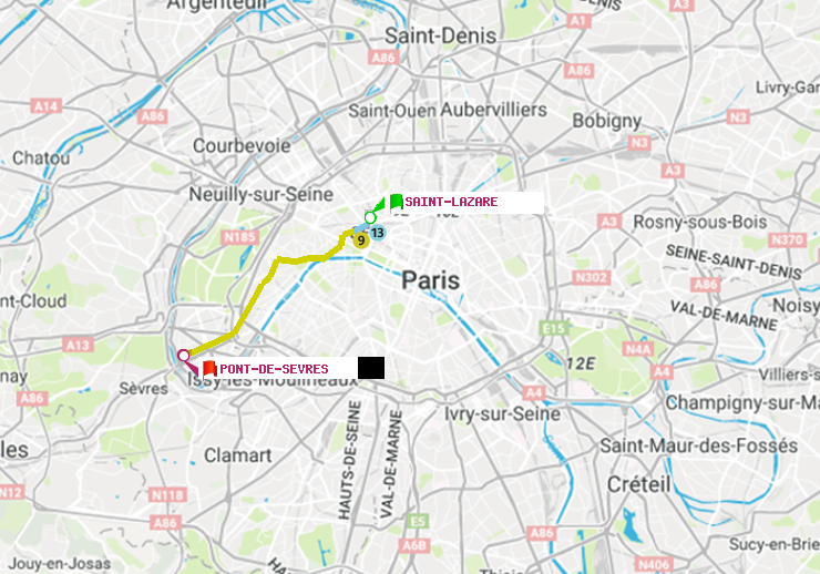 plan itinéraire ratp de Saint-Lazare à Pont de Sèvres