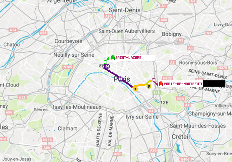 plan itinéraire ratp de Saint-Lazare à Porte de Montreuil