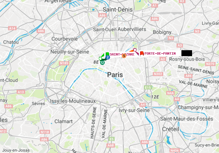 plan itinéraire ratp de Saint-Lazare à Porte de Pantin