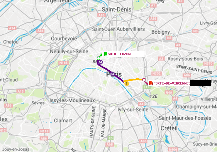 plan itinéraire ratp de Saint-Lazare à Porte de Vincennes
