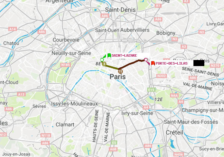 plan itinéraire ratp de Saint-Lazare à Porte des Lilas