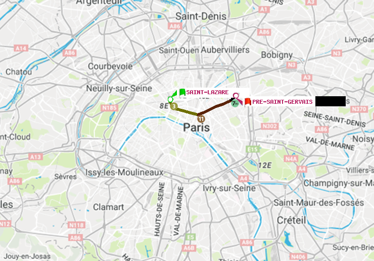 plan itinéraire ratp de Saint-Lazare à Pré-Saint-Gervais