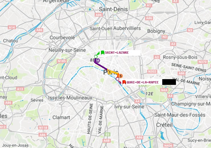 plan itinéraire ratp de Saint-Lazare à Quai de la Rapée