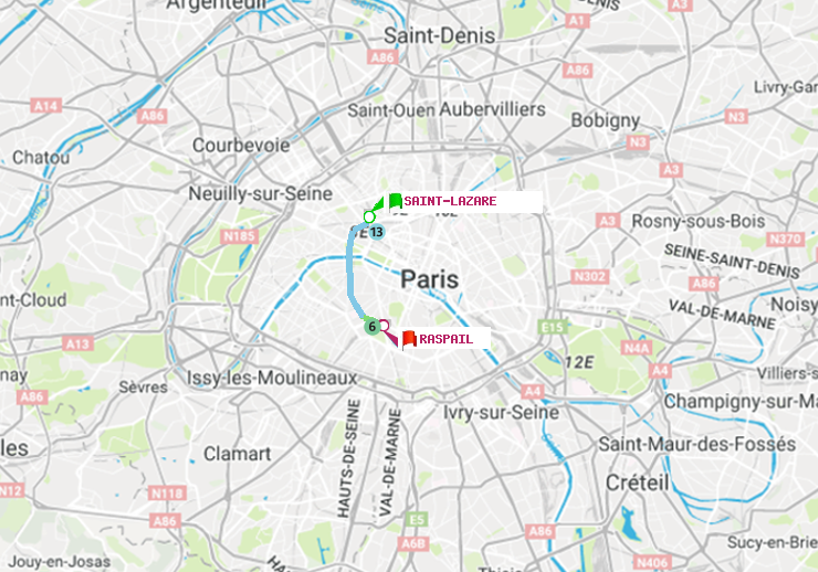 plan itinéraire ratp de Saint-Lazare à Raspail