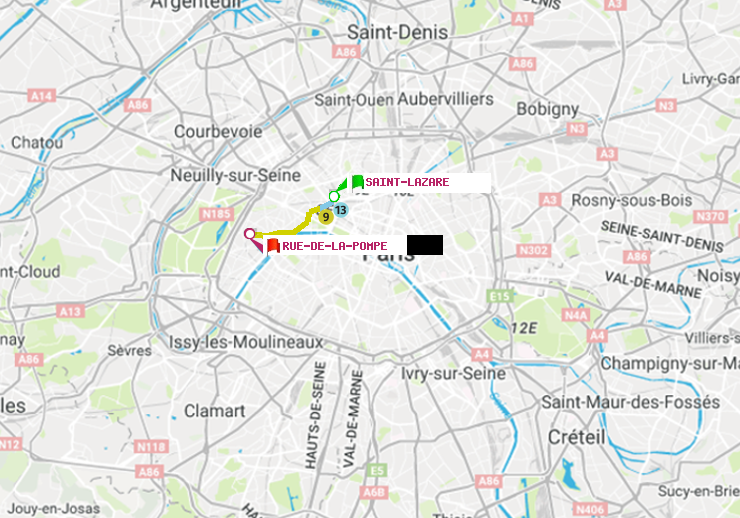 plan itinéraire ratp de Saint-Lazare à Rue de la Pompe (Avenue Georges Mandel)