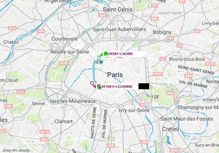 plan itinéraire ratp de Saint-Lazare à Sèvres-Lecourbe