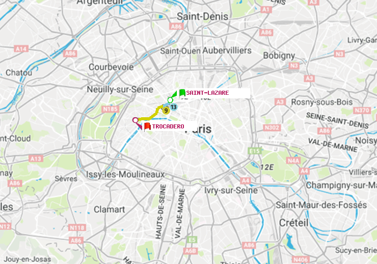 plan itinéraire ratp de Saint-Lazare à Trocadéro