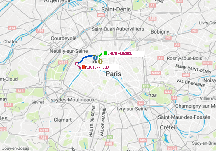 plan itinéraire ratp de Saint-Lazare à Victor Hugo