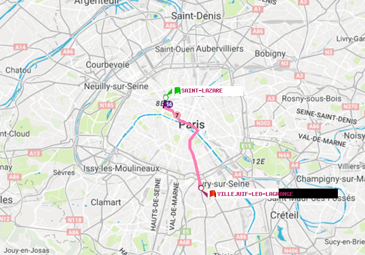plan itinéraire ratp de Saint-Lazare à Villejuif-Léo Lagrange