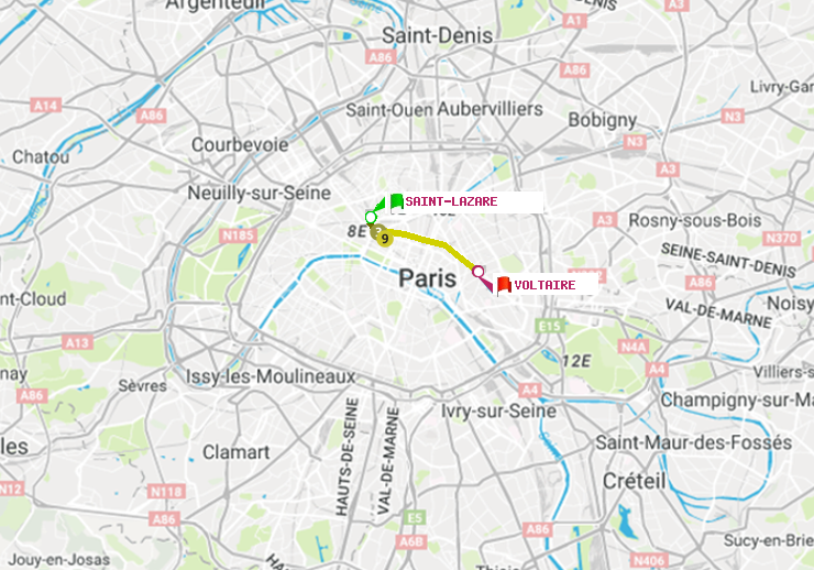 plan itinéraire ratp de Saint-Lazare à Voltaire (Léon Blum)
