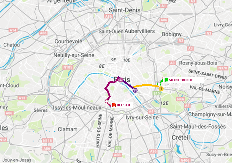 plan itinéraire ratp de Saint-Mandé à Alésia