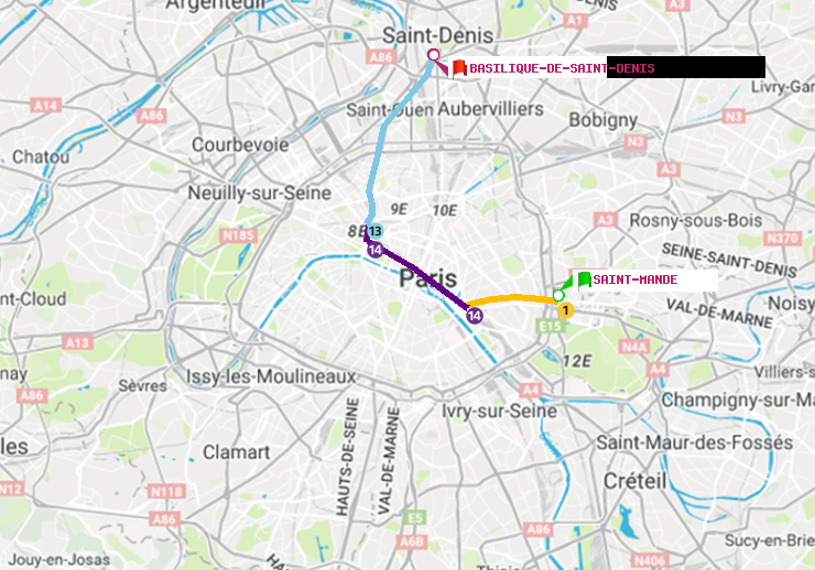 plan itinéraire ratp de Saint-Mandé à Basilique de Saint-Denis