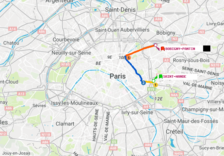 plan itinéraire ratp de Saint-Mandé à Bobigny-Pantin (Raymond Queneau)