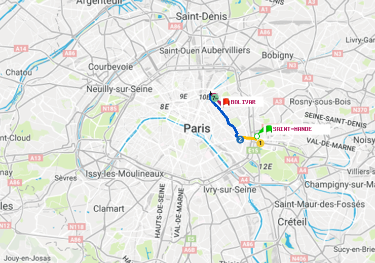 plan itinéraire ratp de Saint-Mandé à Bolivar